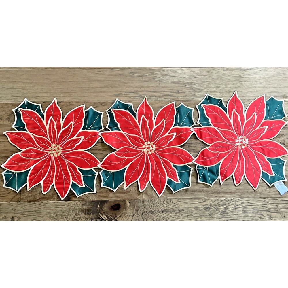 Christmas Holiday Table Runner Embroidered Poinsettia Red Green Holly Leaf